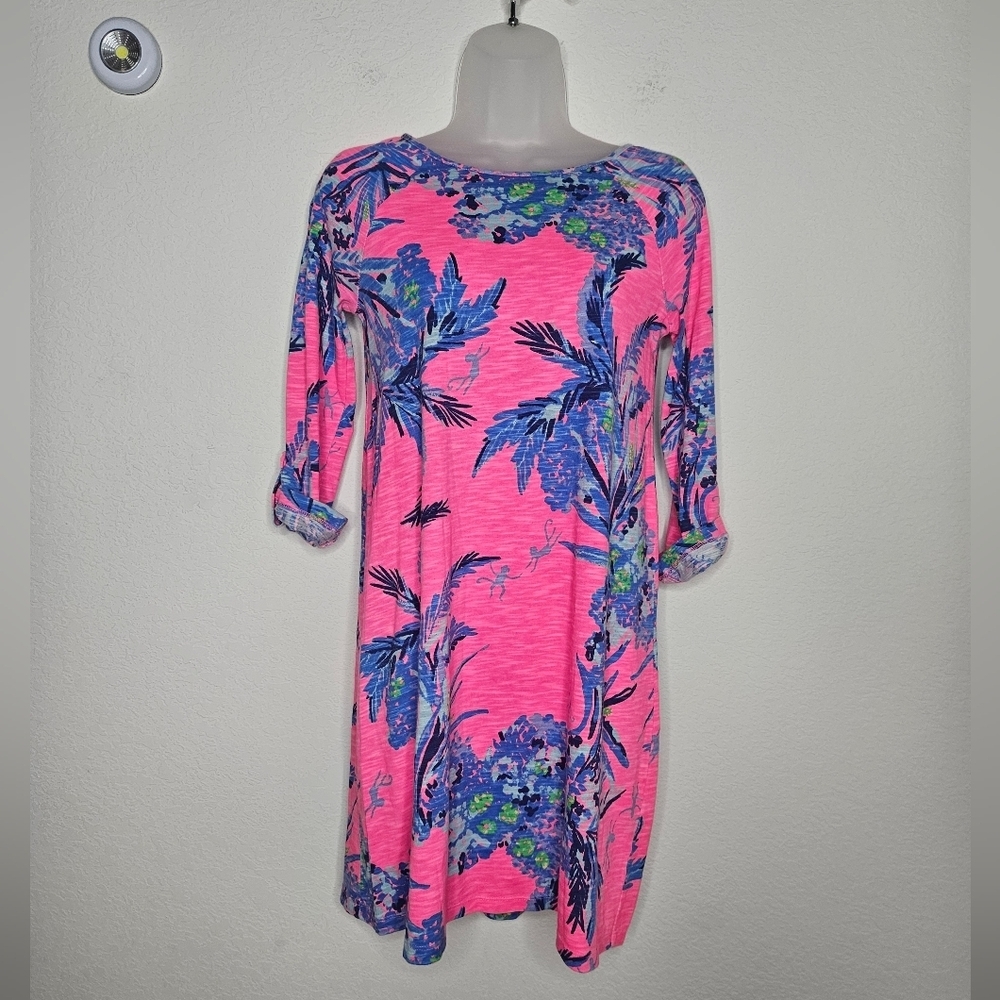 Lilly Pulitzer Surfcrest Swing Dress in Tiki Hot Pink Cotton Modal 3/4 Sleeve